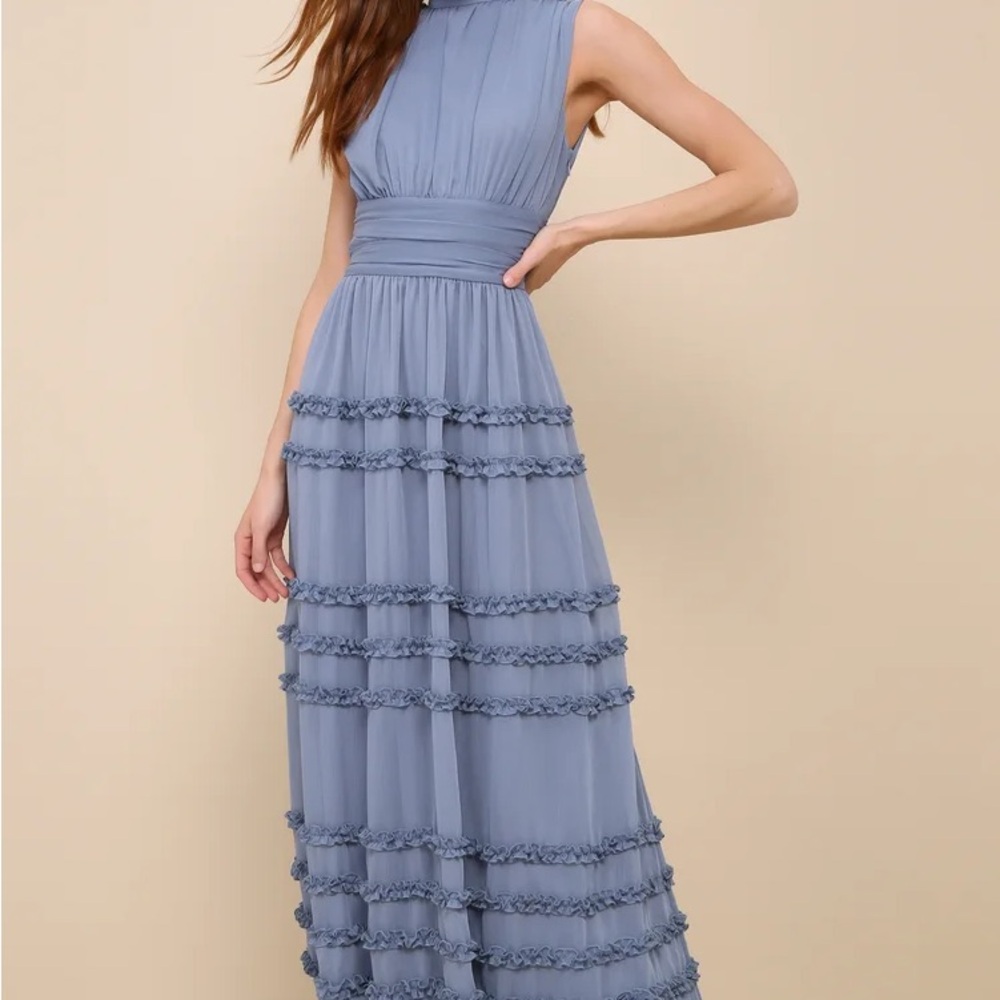 Enchantingly Sweet Slate Blue Chiffon Backless Maxi Dress